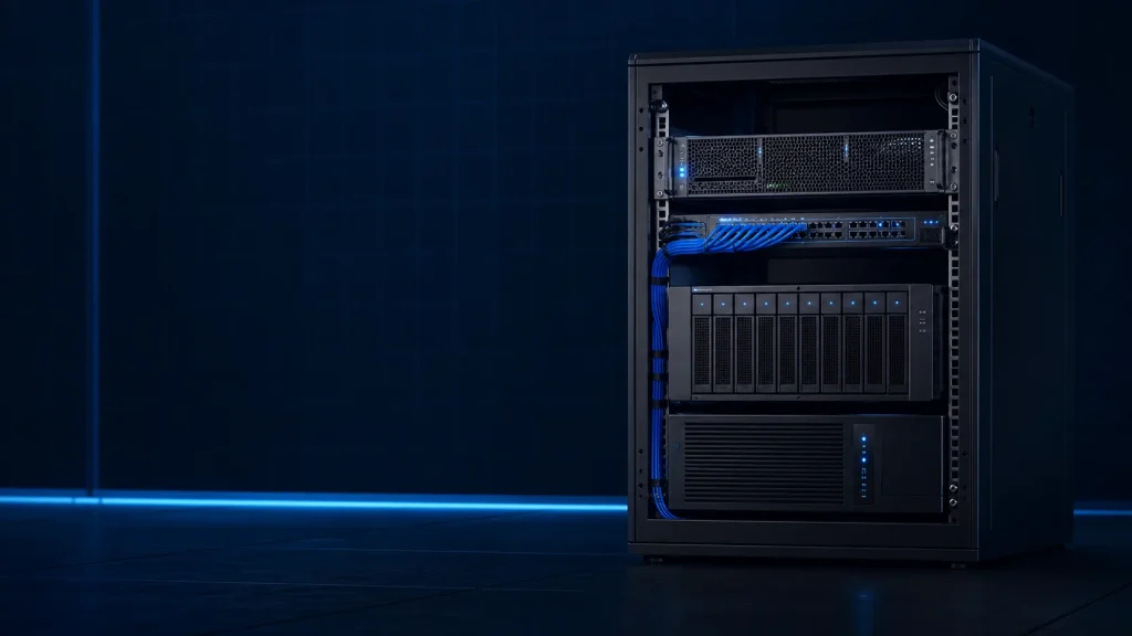 Technicien devant une infrastructure serveur professionnelle