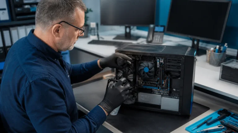 Technicien réalisant la maintenance de matériel informatique