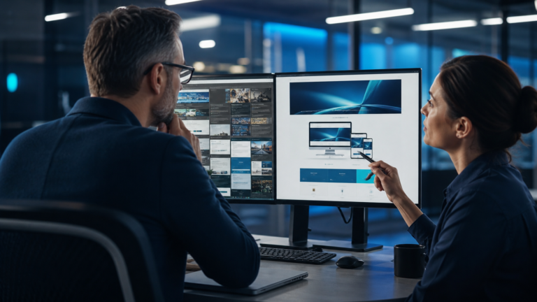 Équipe comparant un ancien site web à une refonte moderne et responsive